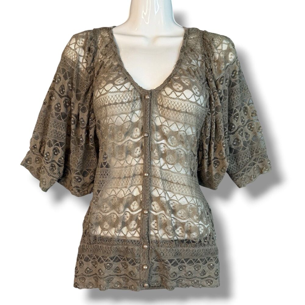 Fairy 90s Taupe Lace Button Front Blouse Wide Short Sleeves Cottage Romantic L